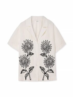 NA-KD Off-White Short Sleeve Button Shirt with Black Sunflower Embroidery